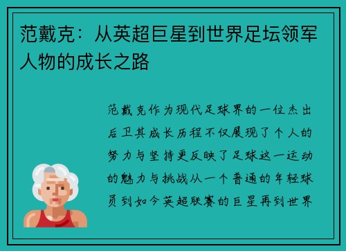 范戴克：从英超巨星到世界足坛领军人物的成长之路